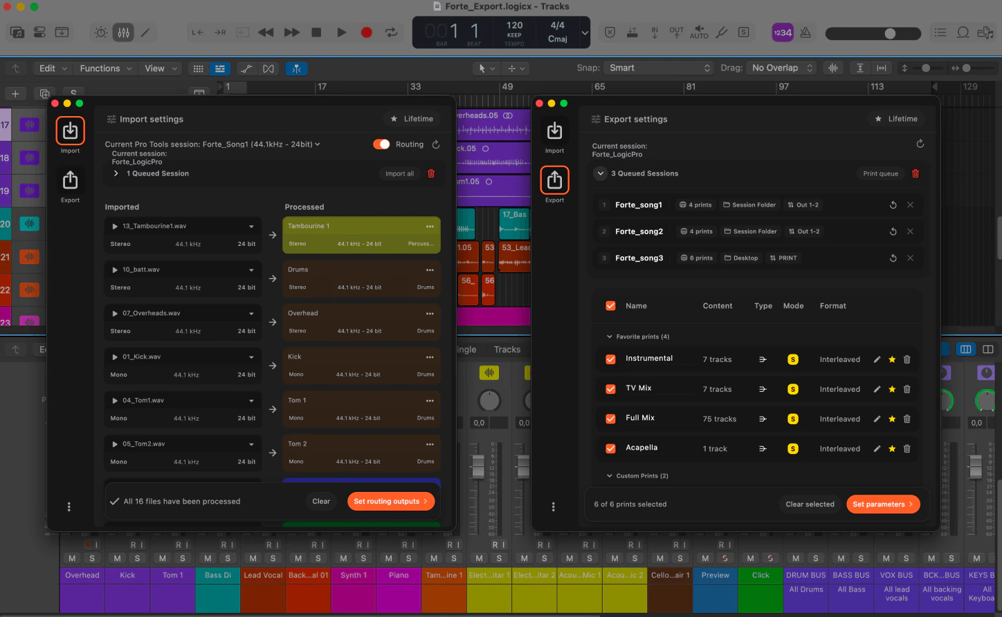fMusic for Logic Pro import and export settings over a Logic Pro session